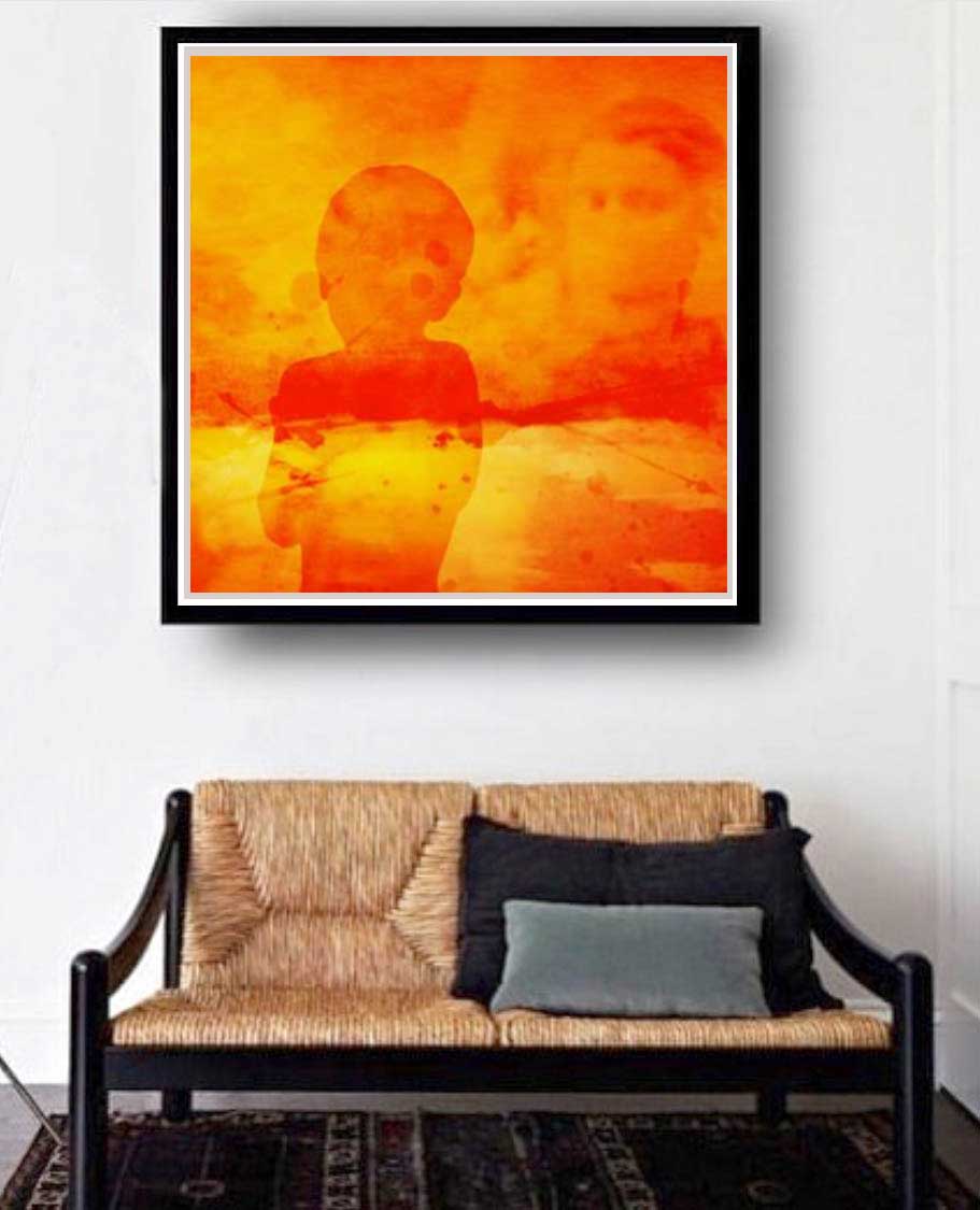 BOY IN ORANGE, håndkolorerte trykk