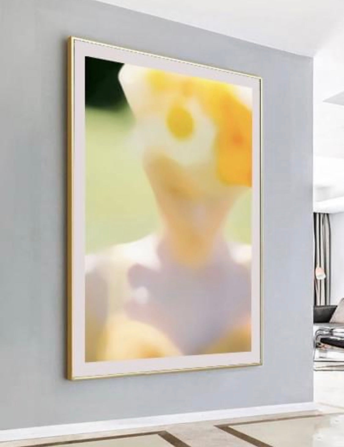 "Marianne", Maske-serien, håndkolorert, str 127 x 85 cm, gult motiv, portrett